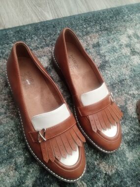 Naturalizer Brown and White Fringe Loafers with Silver Accent
